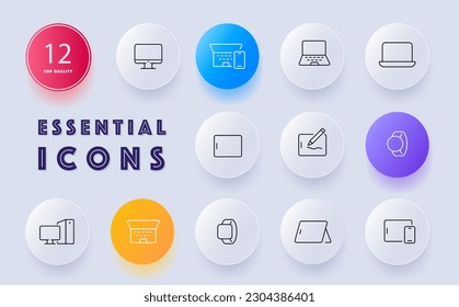 Gadgets icon set. Technology devices, electronic gadgets, innovation, convenience. Digital. Neomorphism style. Vector line icon for Business and Advertising