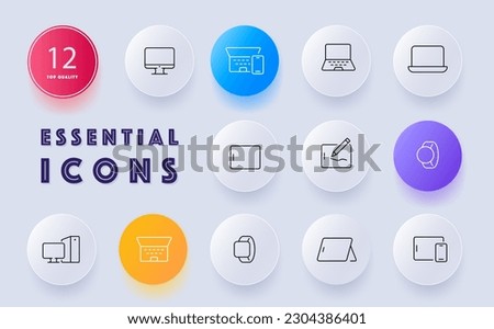 Gadgets icon set. Technology devices, electronic gadgets, innovation, convenience. Digital. Neomorphism style. Vector line icon for Business and Advertising