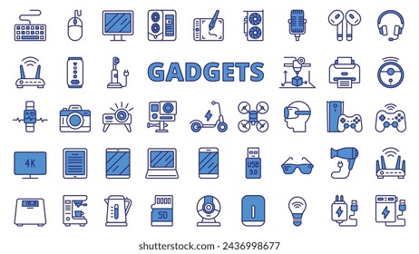 Iconos de gadgets en diseño de línea, azul. PC, juego, tablero de juego, caja de juego, básculas, básculas de baño, bombilla, cargador, scooter, máquina de café aislado en vector de fondo blanco. Gadgets iconos de trazo editables.