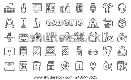 Gadgets icons in line design. PC, gaming, game pad, game box, scales, bathroom scales, bulb, charger, scooter, coffee machine isolated on white background vector. Gadgets editable stroke icons.