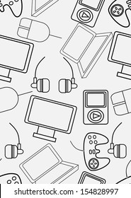  gadgets icons seamless pattern over social media background.