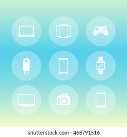 Gadgets icons set (laptop, tablet, tv, smart watch, dslr, modern devices), vector illustration