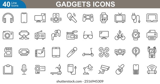 Conjunto de iconos de gadgets. Teléfono inteligente, tableta, computadora portátil, reloj, auriculares, juegos, drones, cámara, altavoz, USB, banco de energía y más. ilustrador de Vector.