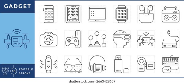 Conjunto de iconos de gadgets. Smartphone, tableta, ordenador portátil, smartwatch, auriculares, altavoz, consola, auriculares de VR, drone, banco del poder, y muchos más. Vector de trazo editable.