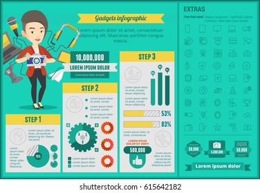 Gadgets infographic template with caucasian woman using many electronic gadgets. Gadgets infographics elements and icons. Highly customizable colours, shapes and charts. Vector flat design.