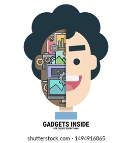 gadgets inside my head for create everything. variety devices. intelligent creator. graphic designer. modern technology. smart character. flat design vector illustration concept.
