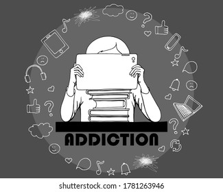 Gadgets instead of books. Gadget addicted boy. Technology closed his eyes. Gadget Dependency Issue. Handwritten graphic technique. Isolation. Distance learning. Digital detox.