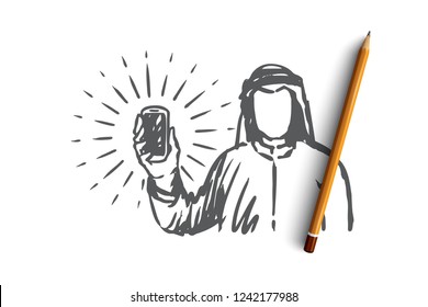 Gadgets, Islam, Islam, árabe, concepto de presentación. Empresario musulmán con smartphone en manos. Ilustración vectorial aislada.