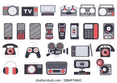 Gadgets isolated elements set. Collection of photo camera, tv, computer, tape recorder, radio, smartphone and other. Electronic device shop compositions. Vector illustration in flat cartoon design