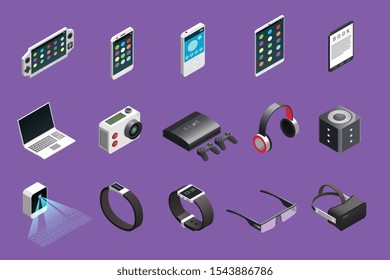 Gadgets isometric icon set with notebook smartphone smart watch playstation camera tablet and other technics vector illustration