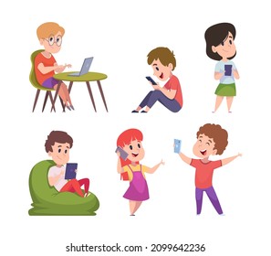 Gadgets kids. Adorable happy children using laptop smartphones tablets touch on digital phone screen holding electronic technics exact vector future technology concept