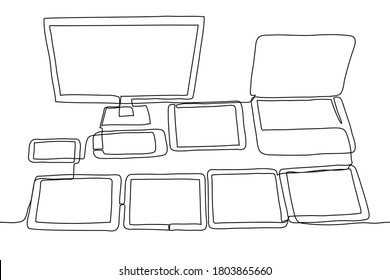 gadgets laid out on the table: a computer, laptop, telephone, console, telephone and several tablets. One continuous line drawing the concept of online streaming, family gadgets