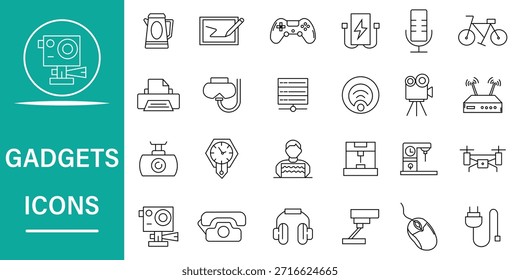 Icono de línea de gadgets colección. Electrónicas 24 iconos relacionados con la tableta, la tecnología, la computadora, digital, smartwatch, drone, auriculares, cámara digital, smart TV, juegos y más.