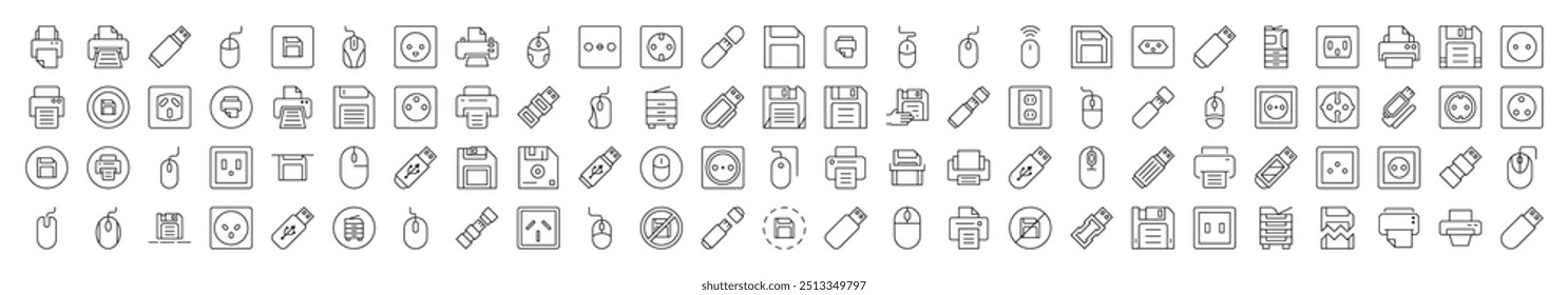 Gadgets Line Icon Set. Contains Icons of Icons of Outlet, Mouse, Memory Card, Printer that Can Be Used for Design of Cards, Posts, Apps, Web Sites 