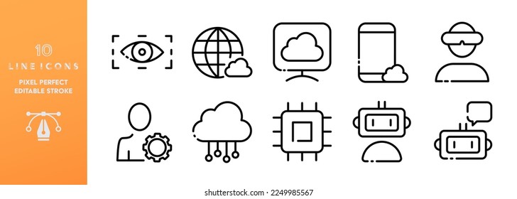 Gadgets line icons set. Virtual reality glasses, editable stroke, smartphone, cloud storage, computer, focus, assistant, robot, processor, internet, user. technology concept. Vector line icons set