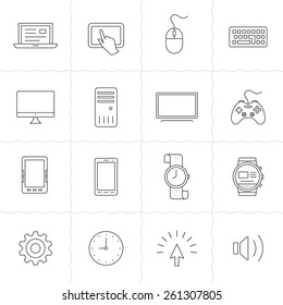 Gadgets linear icon set. Electronic gadgets and computer devices. Simple outlined icons. Linear style