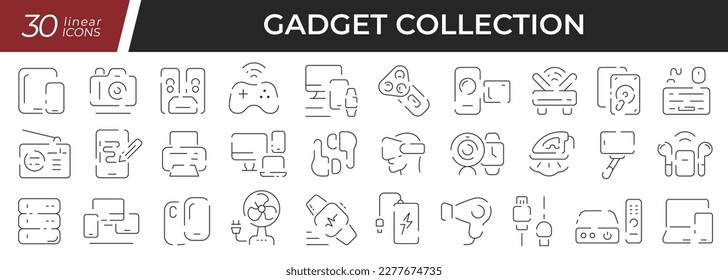 Gadgets linear icons set. Collection of 30 icons in black