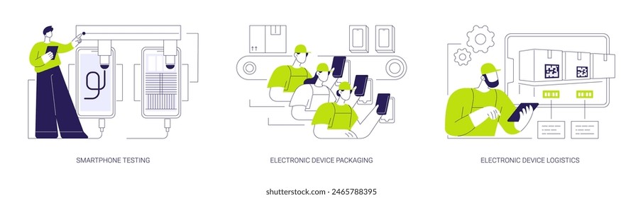 Conjunto de Ilustración vectorial de concepto abstracto de fabricación y distribución de gadgets. Pruebas de teléfonos inteligentes en laboratorio, embalaje y logística de dispositivos electrónicos, nuevos gadgets entrega metáfora abstracta.