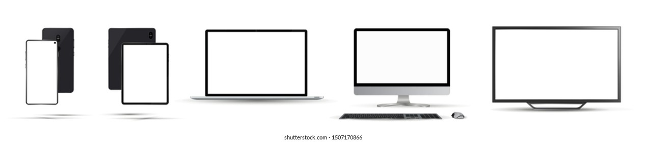 Gadgets mockups set. Frontal view (TV, PC, laptop, tablet, smartphone) Realistic collection mockups generic device. Isolated collection with shadow. Template for presentation. Vector technique
