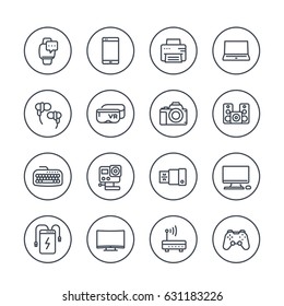 gadgets, modern devices, electronics line icons over white