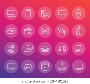 gadgets, modern devices line icons set, pc, laptop, action camera, portable power bank, smart watch, external hard drive, mirrorless camera, vr headset, wireless speaker, game console and gamepad