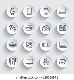 gadgets, modern devices line icons set, laptop, action camera, power bank, smart watch and other electronics