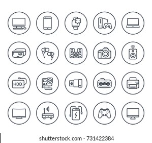 gadgets, modern devices line icons on white, action camera, portable power bank, smart watch, external hard drive, vr headset, wireless speaker, game console and controller