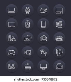 gadgets, modern devices linear icons set, pc, laptop, power bank, smart watch, external hard drive, mirrorless camera, vr headset, wireless speaker, curved display, game console and gamepad