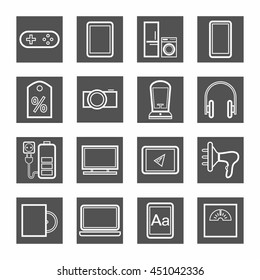 Gadgets, monochrome contour icons, gray. Vector linear icons of home appliances, gadgets, and accessories. White image on a dark gray background. 