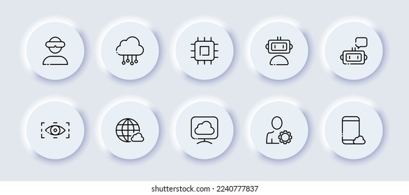 Gadgets neomorphic line icons set. VR glasses, cloud, data storage, server, processor, assistant, internet, computer, settings, user, smartphone. Technology concept. Vector neomorphic line icons set