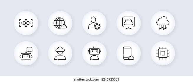 Juego de iconos de línea neomórficos de gadgets. Neomorfismo, vr gafas, smartphone, almacenamiento en la nube, ordenador, foco, asistente, robot, procesador, internet, usuario. Concepto tecnológico. Conjunto de iconos de línea neomórficos vectoriales