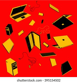 gadgets on red background