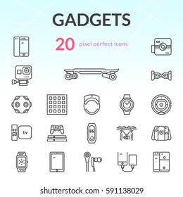 Gadgets outline icon set of 20 thin modern and stylish icons. Dark line version. EPS 10. Pixel perfect icons.