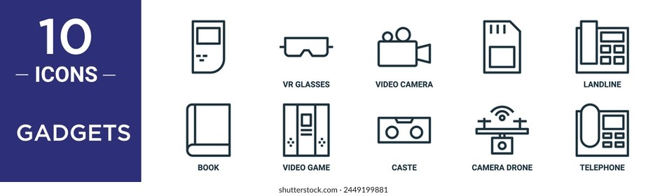 gadgets outline icon set includes thin line  , vr glasses, video camera,  landline, book, video game icons for report, presentation, diagram, web