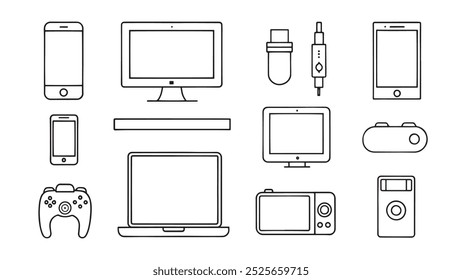 Gadgets. Iconos de línea de Vector relacionados con dispositivos personales. Tablet, portátil, teléfono, consola, Smart Watch editable icono de contorno de trazo conjunto de Ilustración vectorial plana sobre fondo blanco.