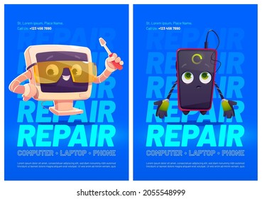 Gadgets repair service cartoon ad posters, computer and smartphone characters, cute pc desktop in protective glasses and screwdriver in hand. Vector mascots fixing broken electronics device repairment