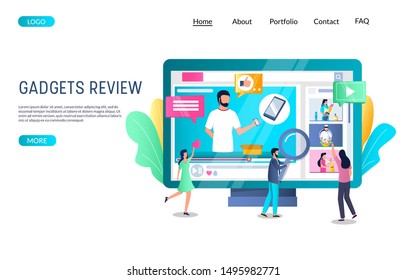 Gadgets review vector website template, web page and landing page design for website and mobile site development. Blogger making mobile device video review. Online channel, live broadcast, vlogging.