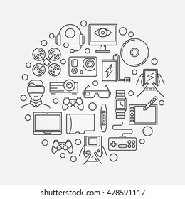 Gadgets round concept illustration. Vector devices and gadgets symbol made with thin line icons