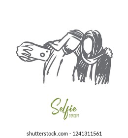 Gadgets, selfie, arab, couple, friends concept. Hand drawn muslim man and woman doing selfie concept sketch. Isolated vector illustration.