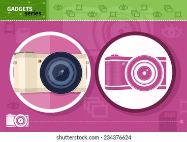Gadgets series with two digital cameras in circle frames color and colorless variant on lilac with devices silhouettes background