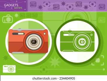 Gadgets series with two digital cameras in circle frames color and colorless variant on green with devices silhouettes background