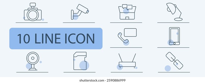 Gadgets set icon. Camera, security cam, storage box, desk lamp, telephone, smartphone, webcam, file storage, Wi-Fi router, link chain.