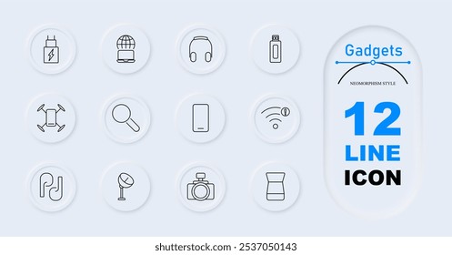 Ícone de conjunto de gadgets. Carregador, laptop global, fones de ouvido, unidade USB, drone, lupa, smartphone, sinal wifi com alerta, elo de cadeia, satélite, câmera, térmico. Dispositivos técnicos