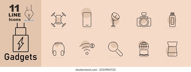 Icono de conjunto de gadgets. Drone, smartphone, micrófono, cámara, memoria USB, auriculares de VR, símbolo de Wi-Fi, lupa, globo, altavoz portátil