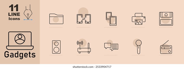 Icono de conjunto de gadgets. Carpeta, smartphones que comparten, tableta, impresora, disco duro, altavoces, router, burbujas de discurso, micrófono, radio