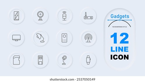 Ícone de conjunto de gadgets. Banco de energia, smartwatch, computador desktop, tela sensível ao toque, mão apontando, chip de processador, smartwatch, alto-falante residencial, smartphone, carregador wireless. Eletrônica, aparelhos modernos