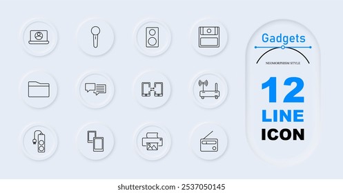 Icono de conjunto de gadgets. Cámara web, micrófono, altavoz, disquete, carpeta de archivos, burbujas de chat, sincronización móvil, enrutador, impresora, radio. Dispositivos de comunicación, accesorios tecnológicos, electrónica