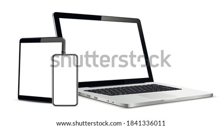 Gadgets set including smartphone, digital tablet and laptop, blank screen with copyspace