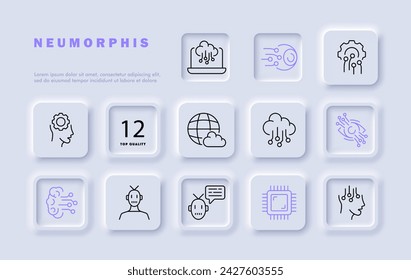 Icono de línea de conjunto de gadgets Inteligencia artificial, ojo, equipo, tecnología, robot, planeta, neuronas, Internet. Estilo neomorfista. Icono de línea vectorial para negocios y publicidad
