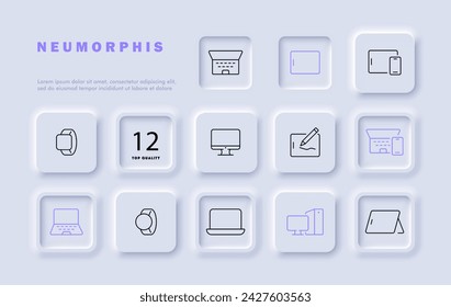Gadgets set line icon. Laptop, computer, technology, tablet, stylus, watch, smartphone. Neomorphism style. Vector line icon for business and advertising